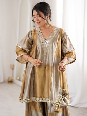 Stylish Golden Mirror Work Tissue Wedding Wear Palazzo Suit 6