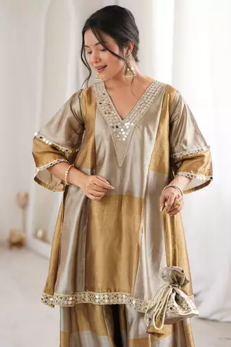 Stylish Golden Mirror Work Tissue Wedding Wear Palazzo Suit