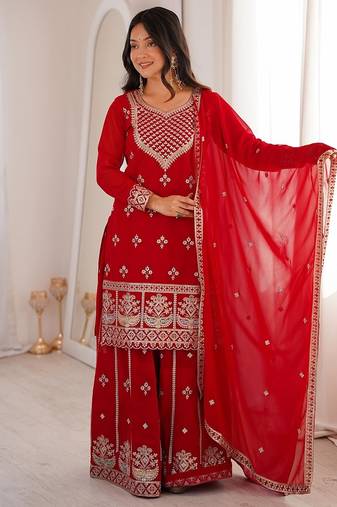 red sequin embroidered georgette anarkali set