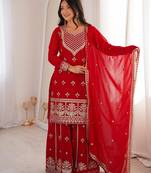 red sequin embroidered georgette anarkali set