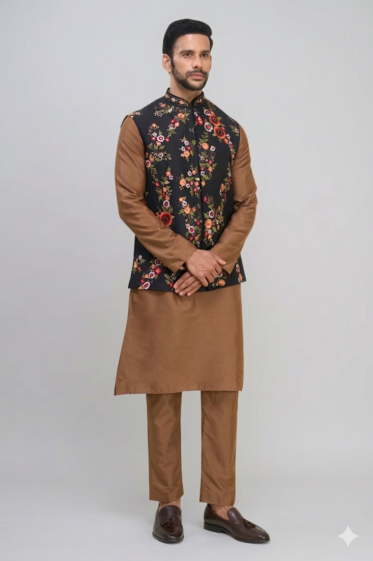 men’s black nehru jacket silk kurta pajama set with floral embroidery