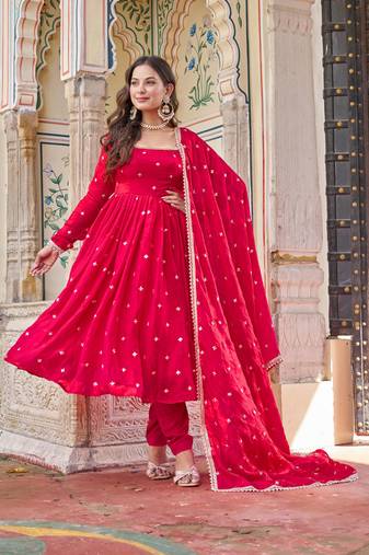 Rani Pink Heavy Fendi Silk Anarkali Suit Set with Sequin & Thread Embroidery