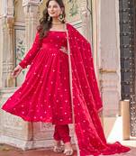 Rani Pink Heavy Fendi Silk Anarkali Suit Set with Sequin & Thread Embroidery