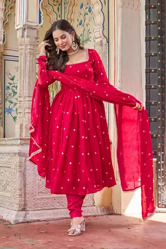 Rani Pink Heavy Fendi Silk Anarkali Suit Set with Sequin & Thread Embroidery