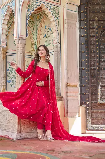 Rani Pink Heavy Fendi Silk Anarkali Suit Set with Sequin & Thread Embroidery