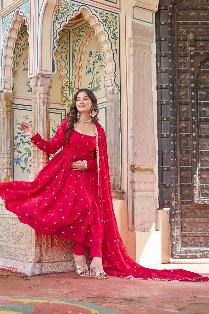 Rani Pink Heavy Fendi Silk Anarkali Suit Set with Sequin & Thread Embroidery