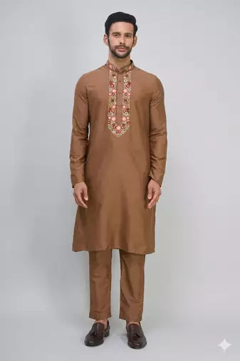 men’s black nehru jacket silk kurta pajama set with floral embroidery