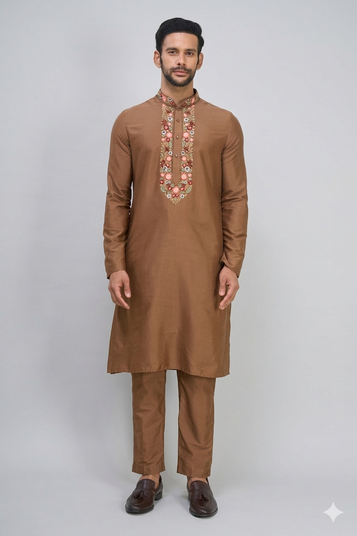 men’s black nehru jacket silk kurta pajama set with floral embroidery