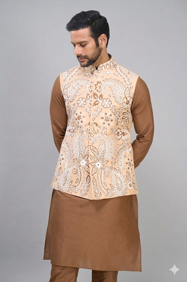 men’s fawn embroidered nehru jacket silk kurta set 1