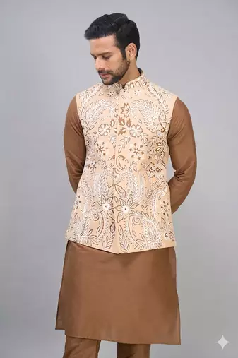 men’s fawn embroidered nehru jacket silk kurta set