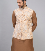 men’s fawn embroidered nehru jacket silk kurta set