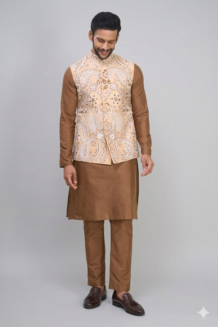 men’s fawn embroidered nehru jacket silk kurta set