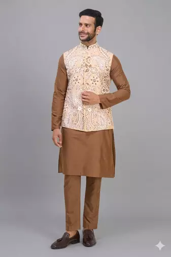 men’s fawn embroidered nehru jacket silk kurta set