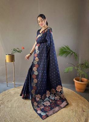Dark blue silk blend banarasi jaquard designer saree with blouse 3