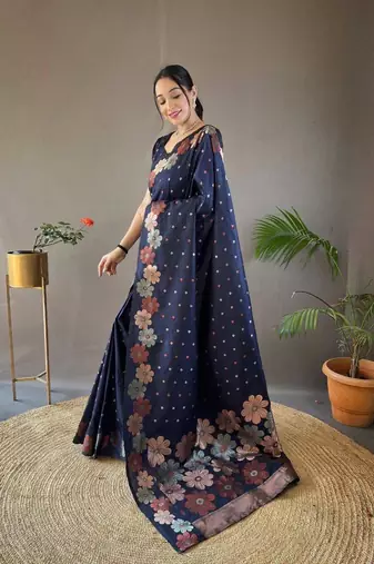 Dark blue silk blend banarasi jaquard designer saree with blouse