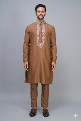 men’s fawn embroidered nehru jacket silk kurta set 4