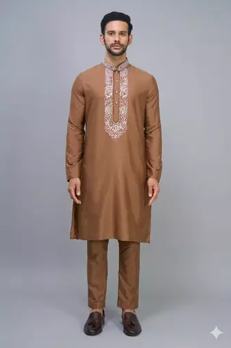 men’s fawn embroidered nehru jacket silk kurta set