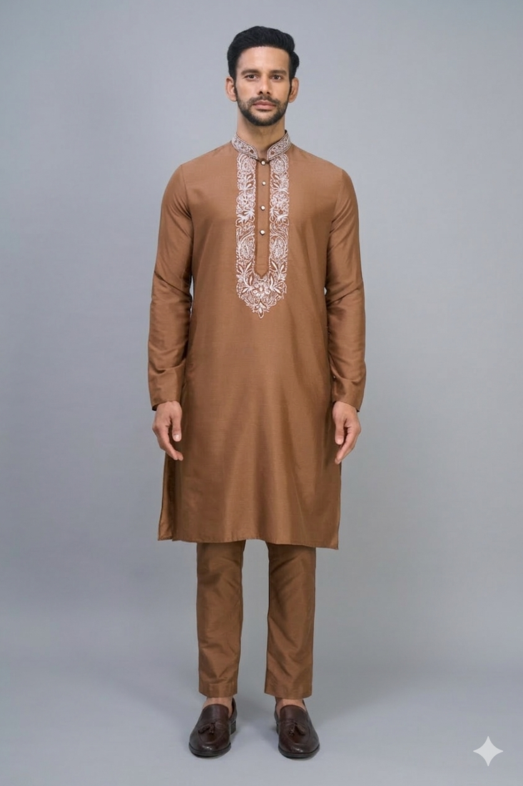men’s fawn embroidered nehru jacket silk kurta set