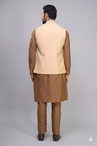 men’s fawn embroidered nehru jacket silk kurta set