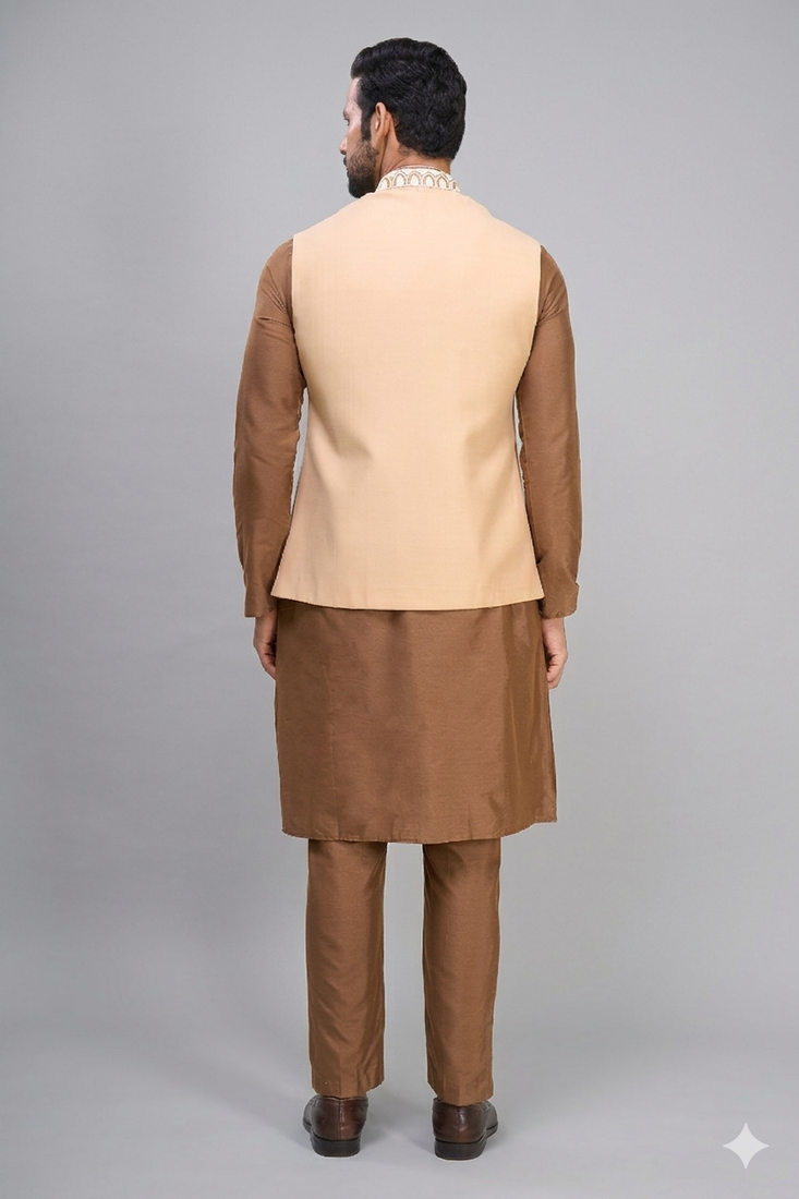 men’s fawn embroidered nehru jacket silk kurta set