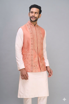 peach embroidered men’s nehru jacket silk kurta set 1