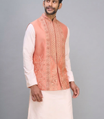peach embroidered men’s nehru jacket silk kurta set