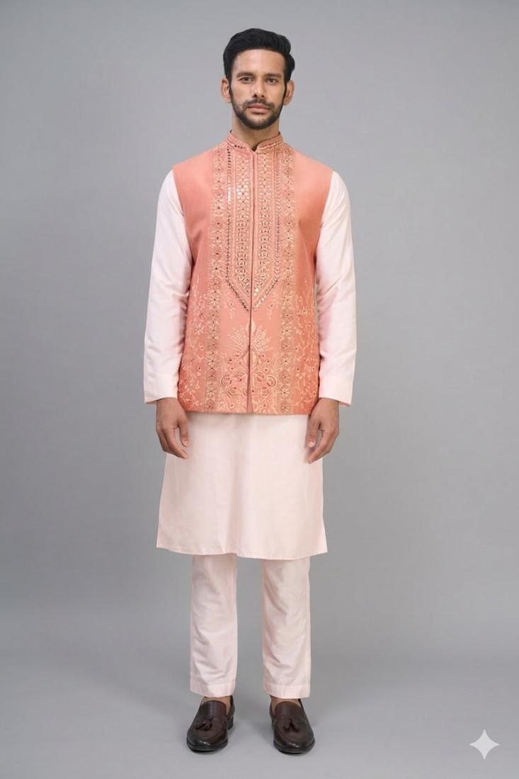 peach embroidered men’s nehru jacket silk kurta set