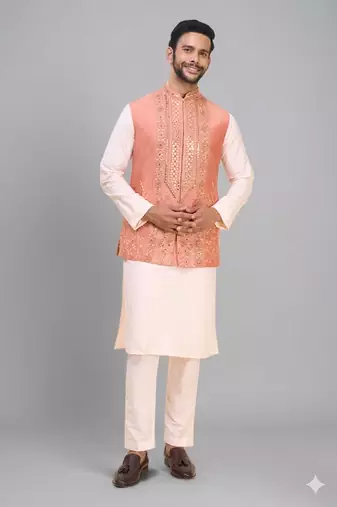 peach embroidered men’s nehru jacket silk kurta set