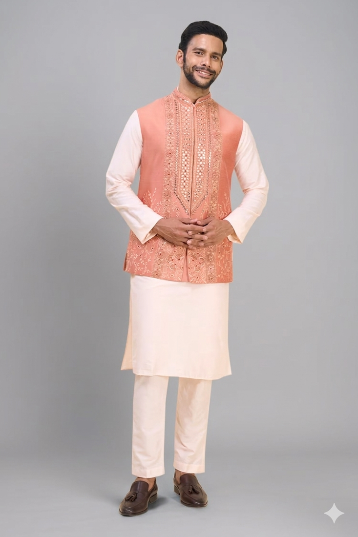 peach embroidered men’s nehru jacket silk kurta set