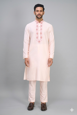 peach embroidered men’s nehru jacket silk kurta set 4