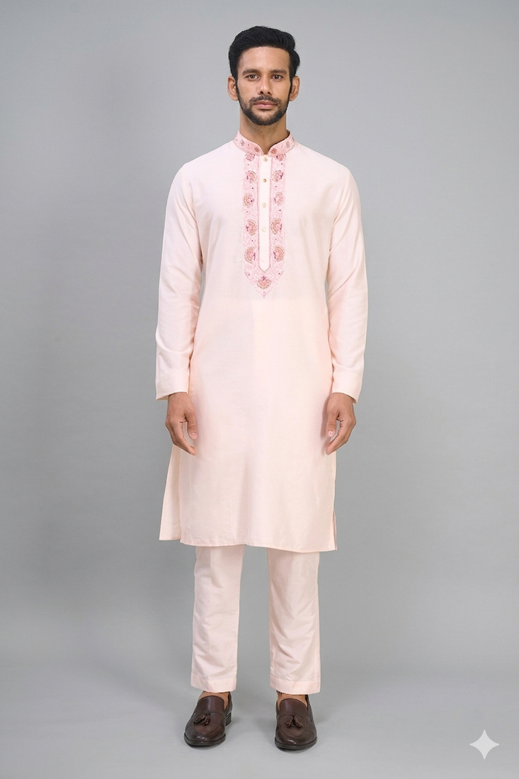 peach embroidered men’s nehru jacket silk kurta set