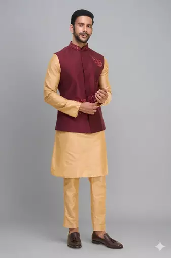 red embroidered men’s nehru jacket silk kurta set