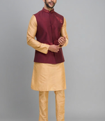 red embroidered men’s nehru jacket silk kurta set