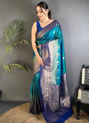 blue zari woven silk blend saree 1
