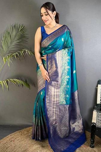 Peacock Blue Color Zari Woven Work Silk Sarees 