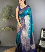Peacock Blue Color Zari Woven Work Silk Sarees 