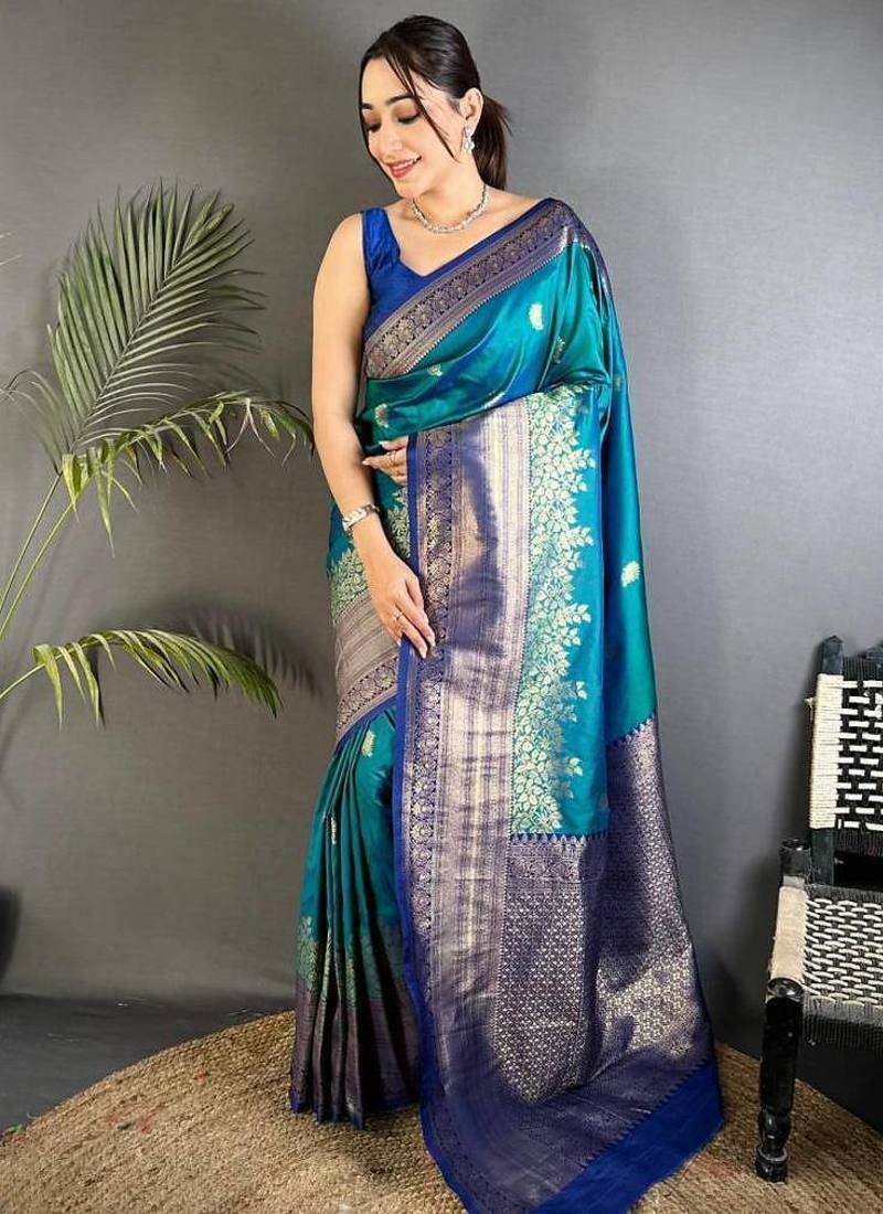 Peacock Blue Color Zari Woven Work Silk Sarees 