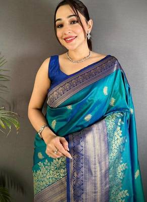 blue zari woven silk blend saree 2
