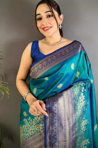 blue zari woven silk blend saree