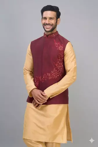 red embroidered men’s nehru jacket silk kurta set