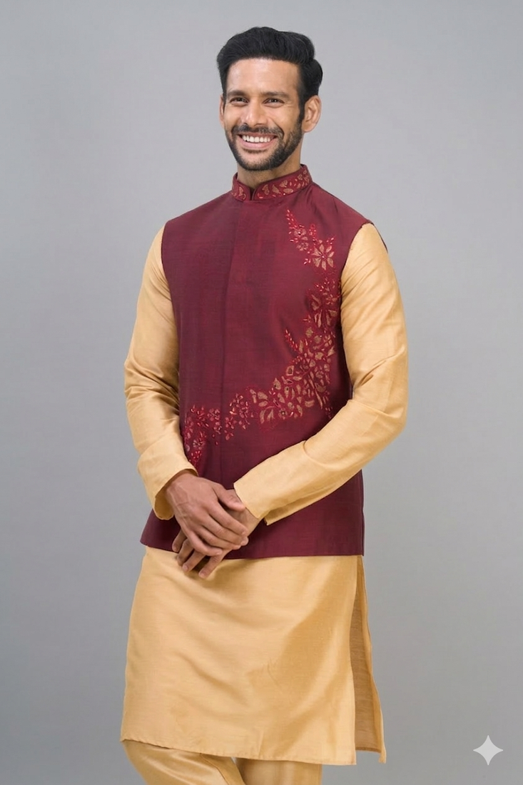 red embroidered men’s nehru jacket silk kurta set