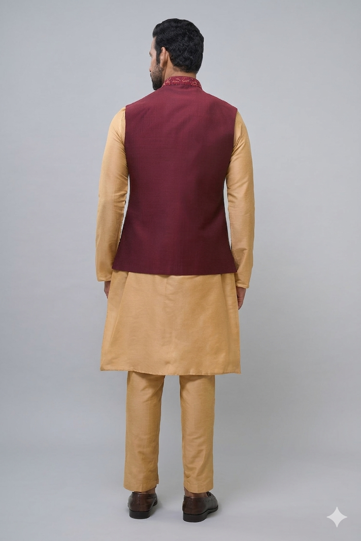 red embroidered men’s nehru jacket silk kurta set