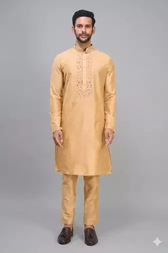 red embroidered men’s nehru jacket silk kurta set