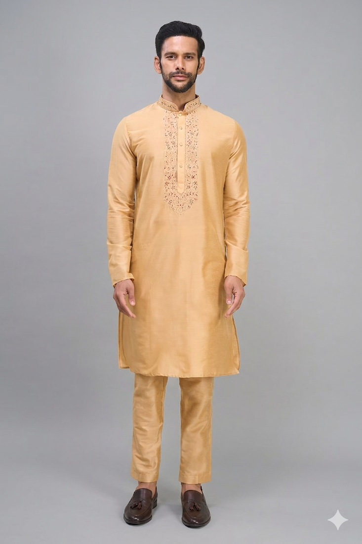 red embroidered men’s nehru jacket silk kurta set