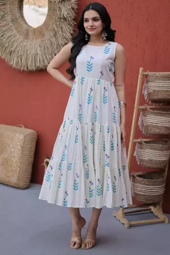 Fabulous Sky Blue Printed Cotton Daily Wear Dress