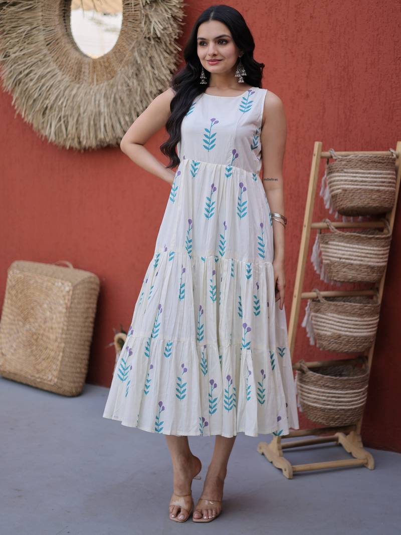 Fabulous Sky Blue Printed Cotton Daily Wear Dress