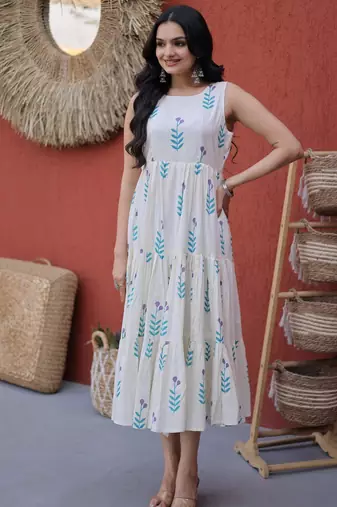 Fabulous Sky Blue Printed Cotton Daily Wear Dress