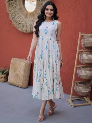Fabulous Sky Blue Printed Cotton Daily Wear Dress 3
