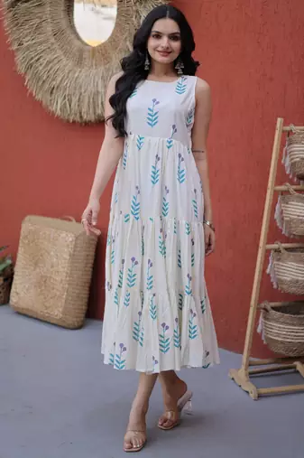Fabulous Sky Blue Printed Cotton Daily Wear Dress
