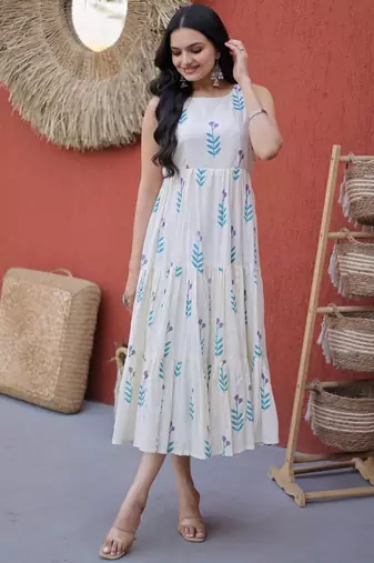Fabulous Sky Blue Printed Cotton Daily Wear Dress
